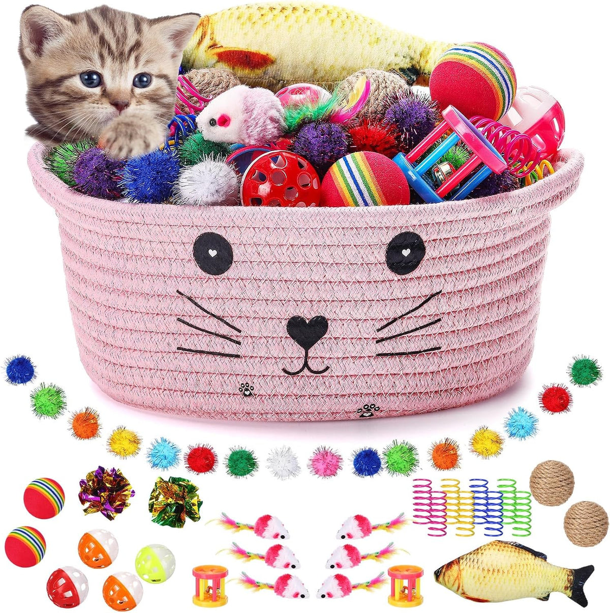 Zopeal 58 Pcs Cat Toy Set with Storage Basket Indoor, Multicolor, 12 Inch | Flashing Balls Bells Crinkle Spring Attract Felines Swat Hunt, Interactive Kitten Playthings for Indoor Kittens Gift